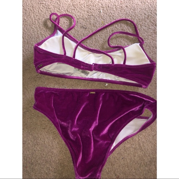 Victoria’s Secret pink velvet purple swimsuit top is medium, bottoms are large. - Picture 3 of 4